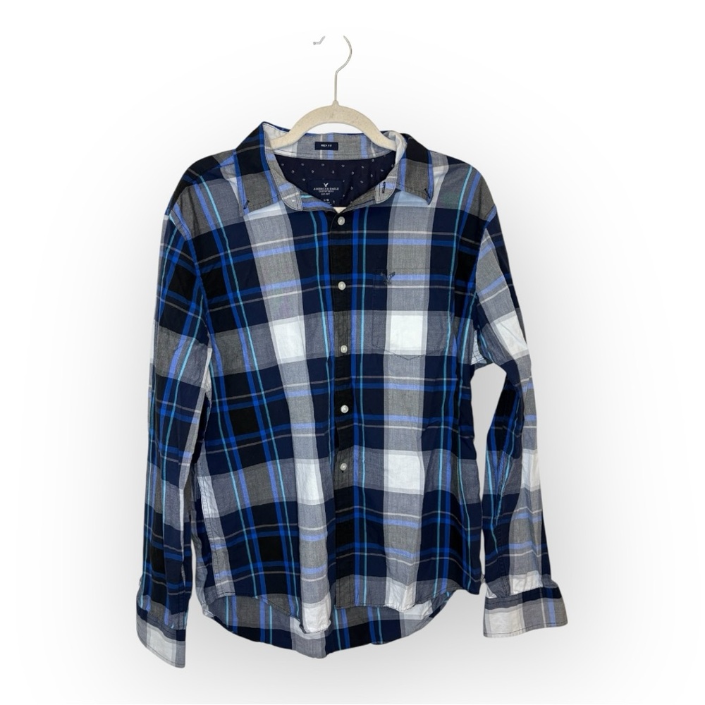 American Eagle Blue Plaid Button-Down Shirt Classic Modern Preppy Style Large
